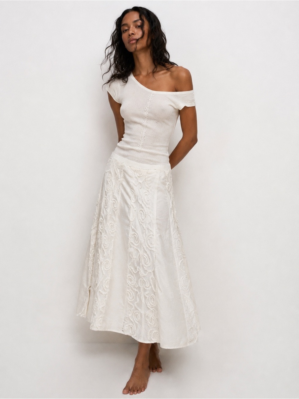 Vintage Long White Skirt with 3D Florals